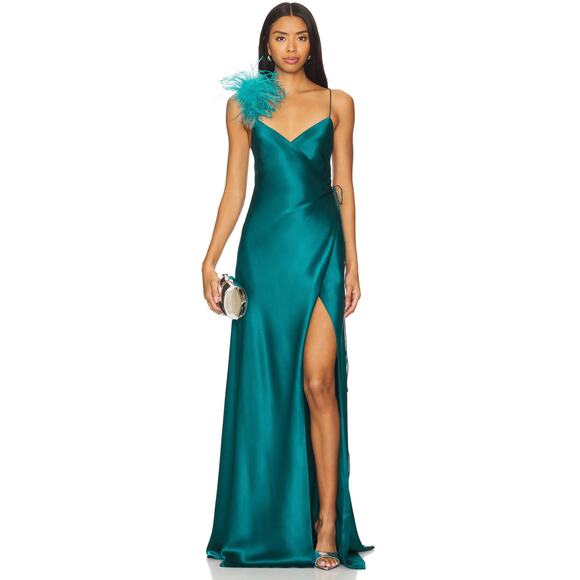 The Sei Wrap Gown With Detachable Ostrich Trim in Lagoon - Picture 1 of 2